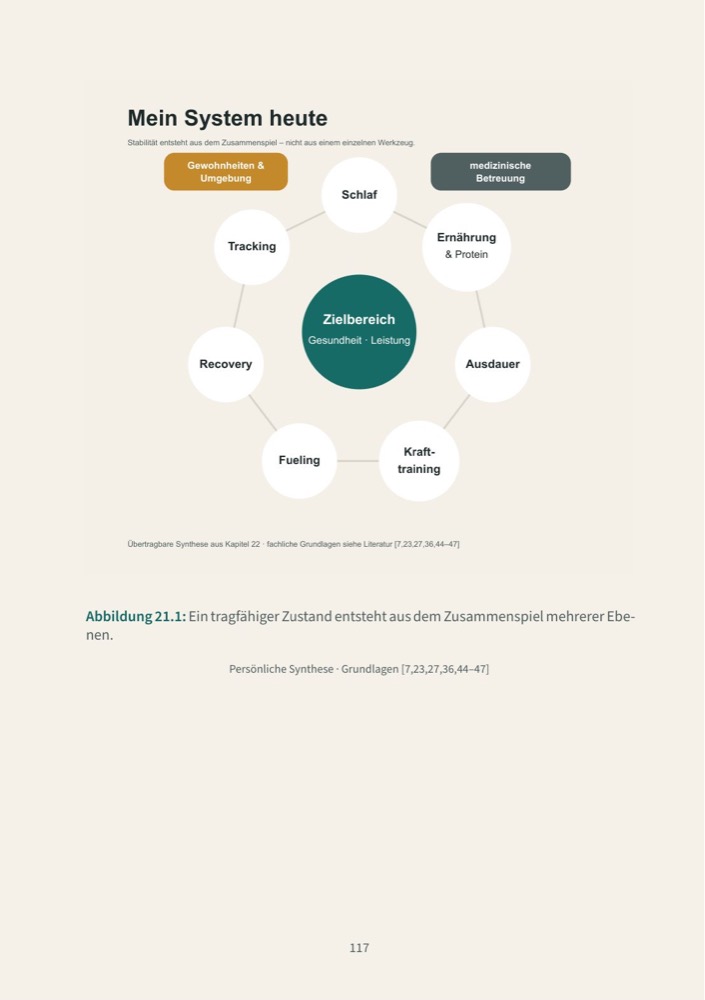 Buchseite mit Grafik: Mein System heute, Zielbereich umgeben von Schlaf, Ernährung, Ausdauer, Krafttraining, Fueling, Recovery und Tracking